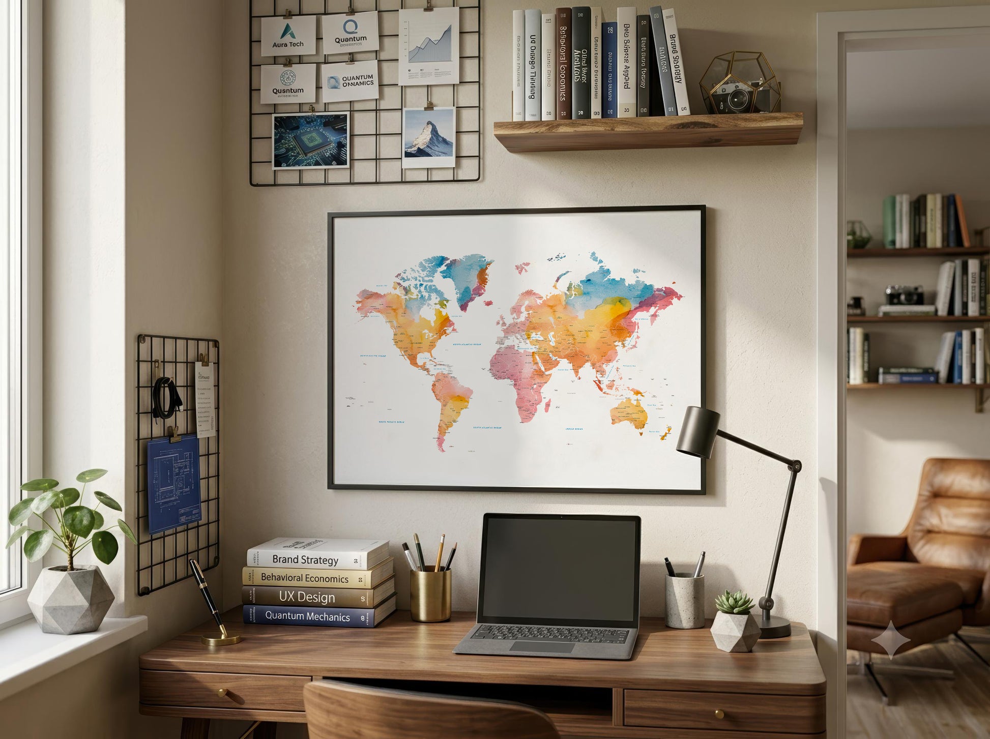 A framed world map poster with colorful watercolor-style continents hangs on a beige wall above a wooden desk in a styled home office setting.