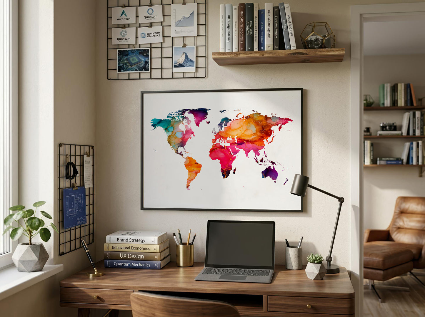 A framed watercolor world map print hangs on a beige wall above a wooden desk in a styled home office setting with a laptop, lamp, books, and shelf decor.
