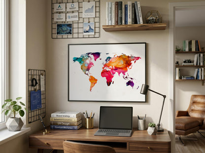 A framed watercolor world map print hangs on a beige wall above a wooden desk in a styled home office setting with a laptop, lamp, books, and shelf decor.