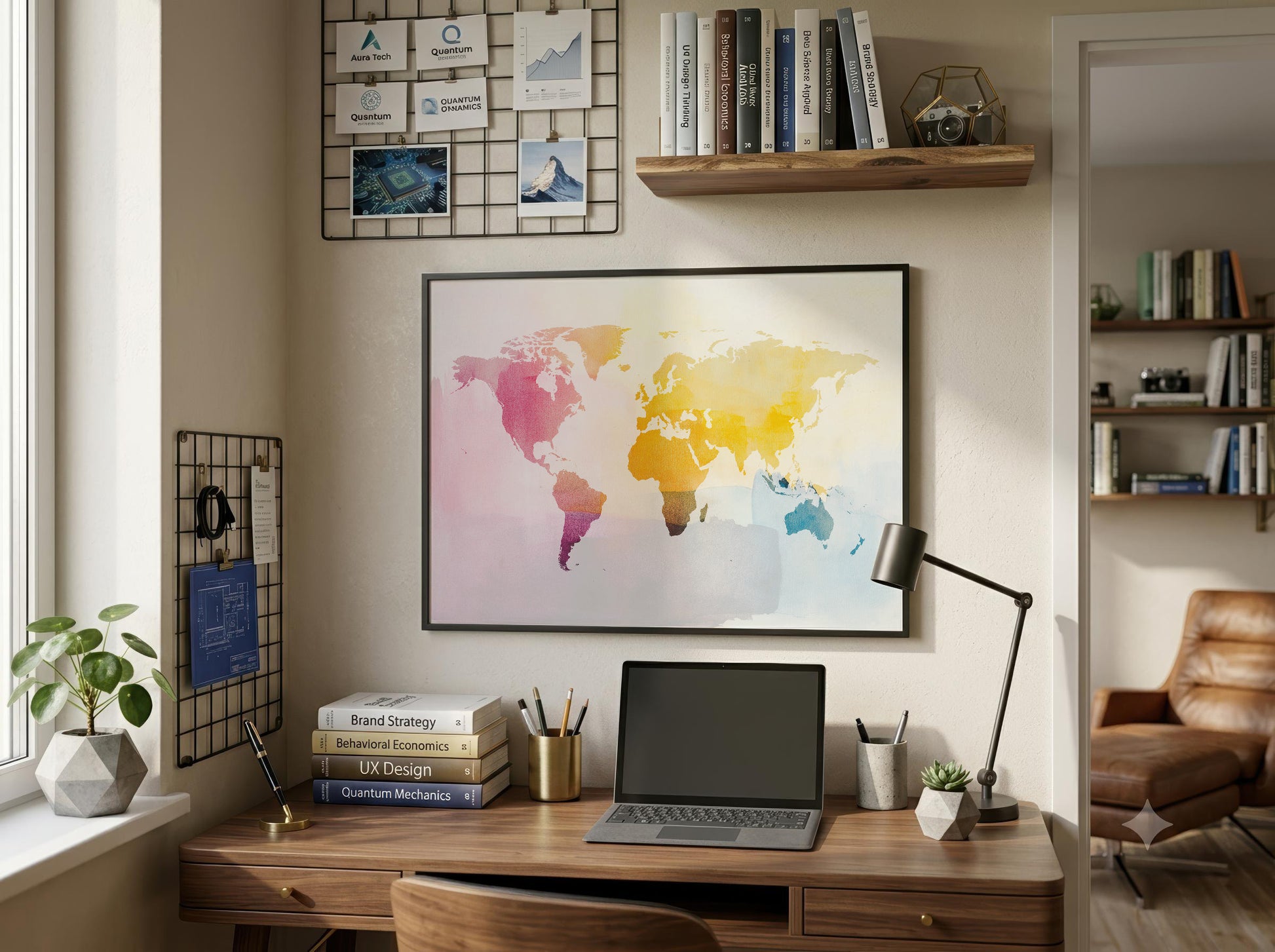 A framed watercolor world map print hangs on a beige wall above a wooden desk in a styled home office. The room includes a laptop, desk lamp, books, plants, shelves, and a chair visible in an adjacent room.