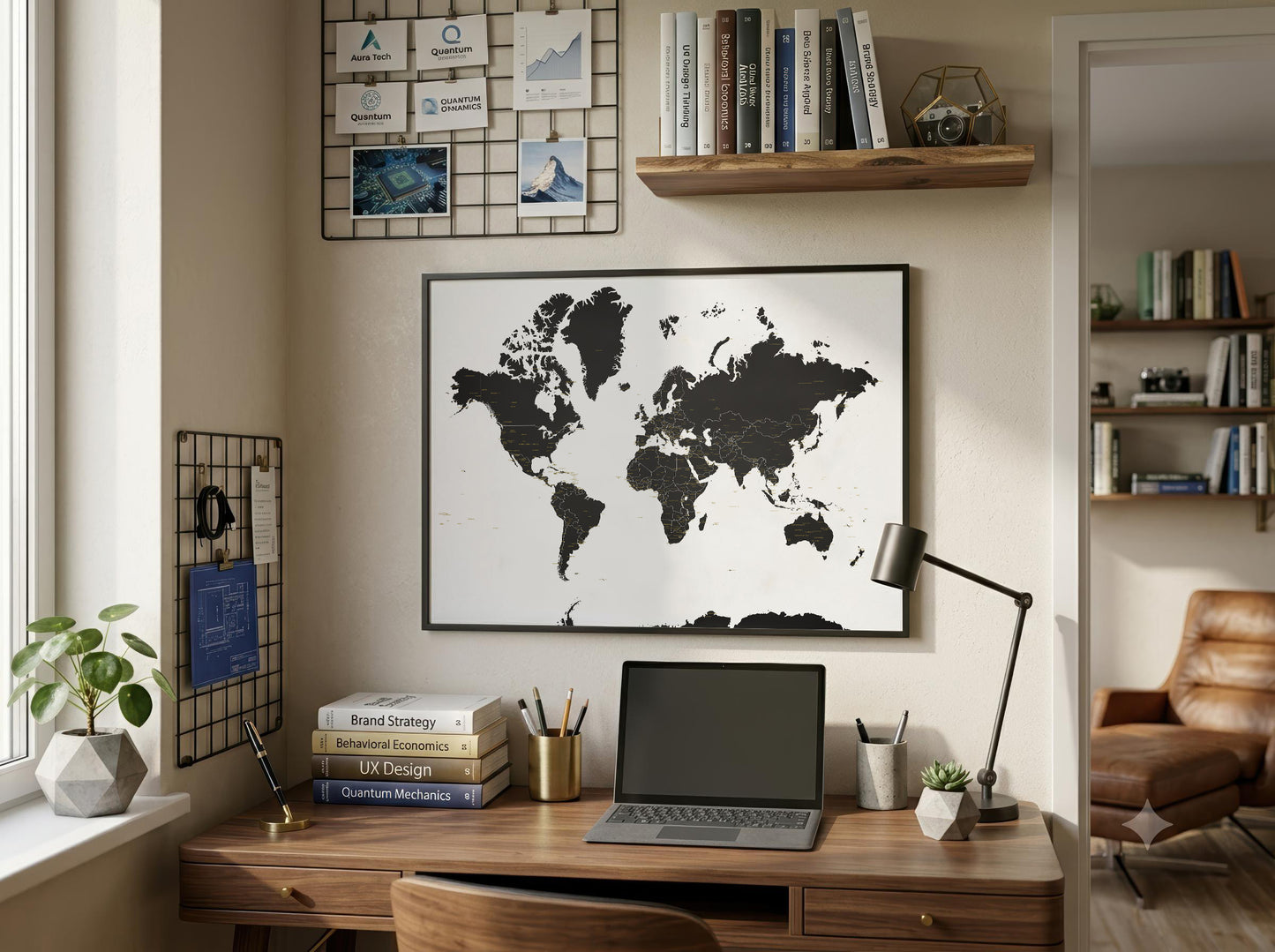 A large black and white world map poster hanging on a beige wall above a wooden desk in a styled home office setting.
