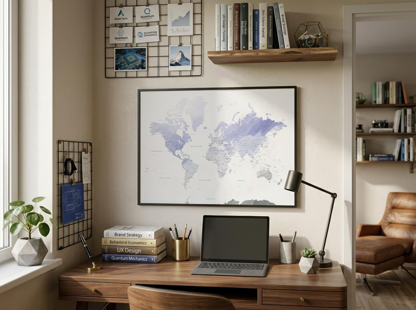 A framed world map print with a soft purple and blue watercolor design hangs on a beige wall above a wooden desk in a styled home office setting.