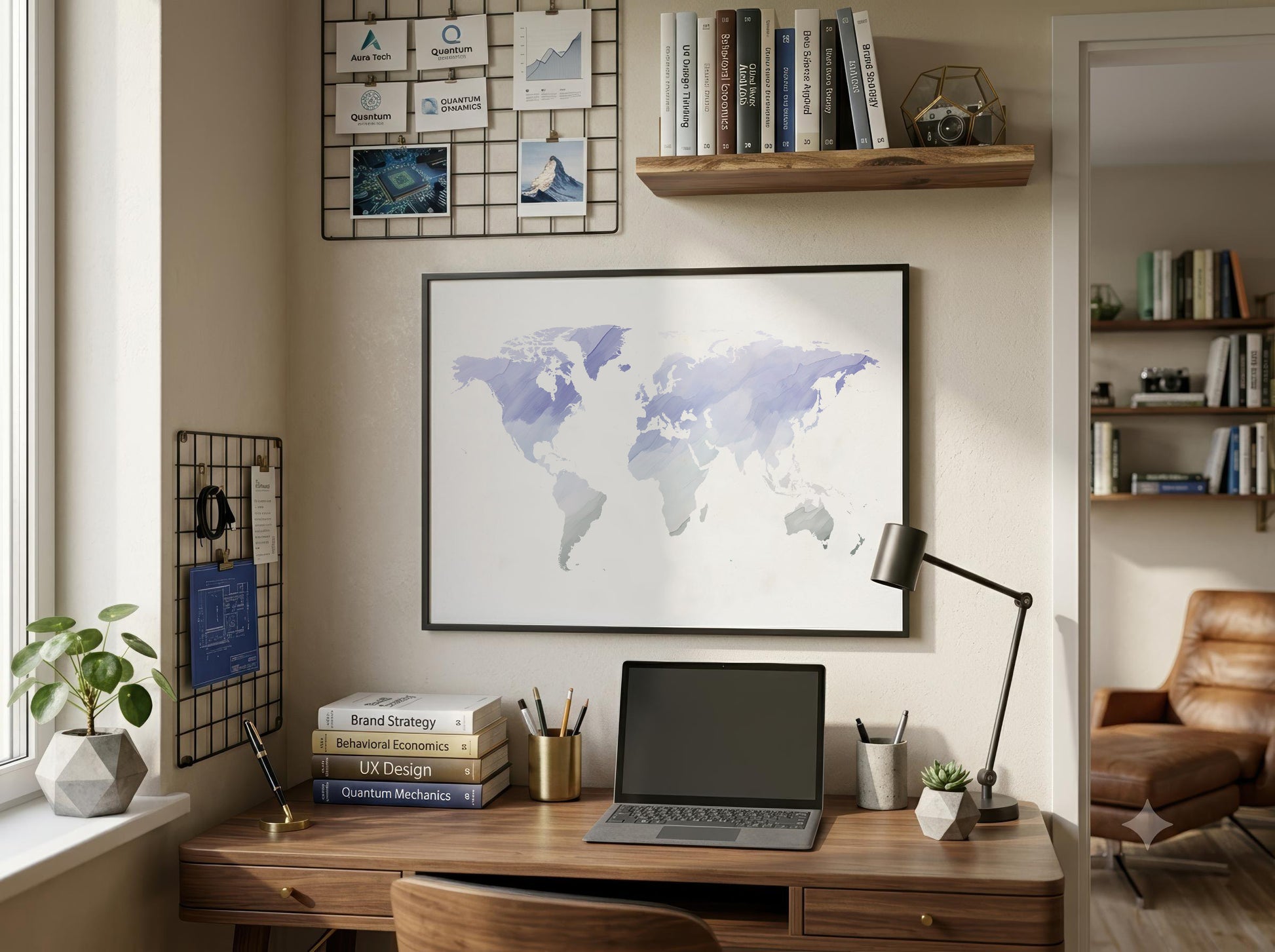A framed world map poster with a watercolor purple and blue design hangs on a beige wall above a wooden desk in a styled home office setting.