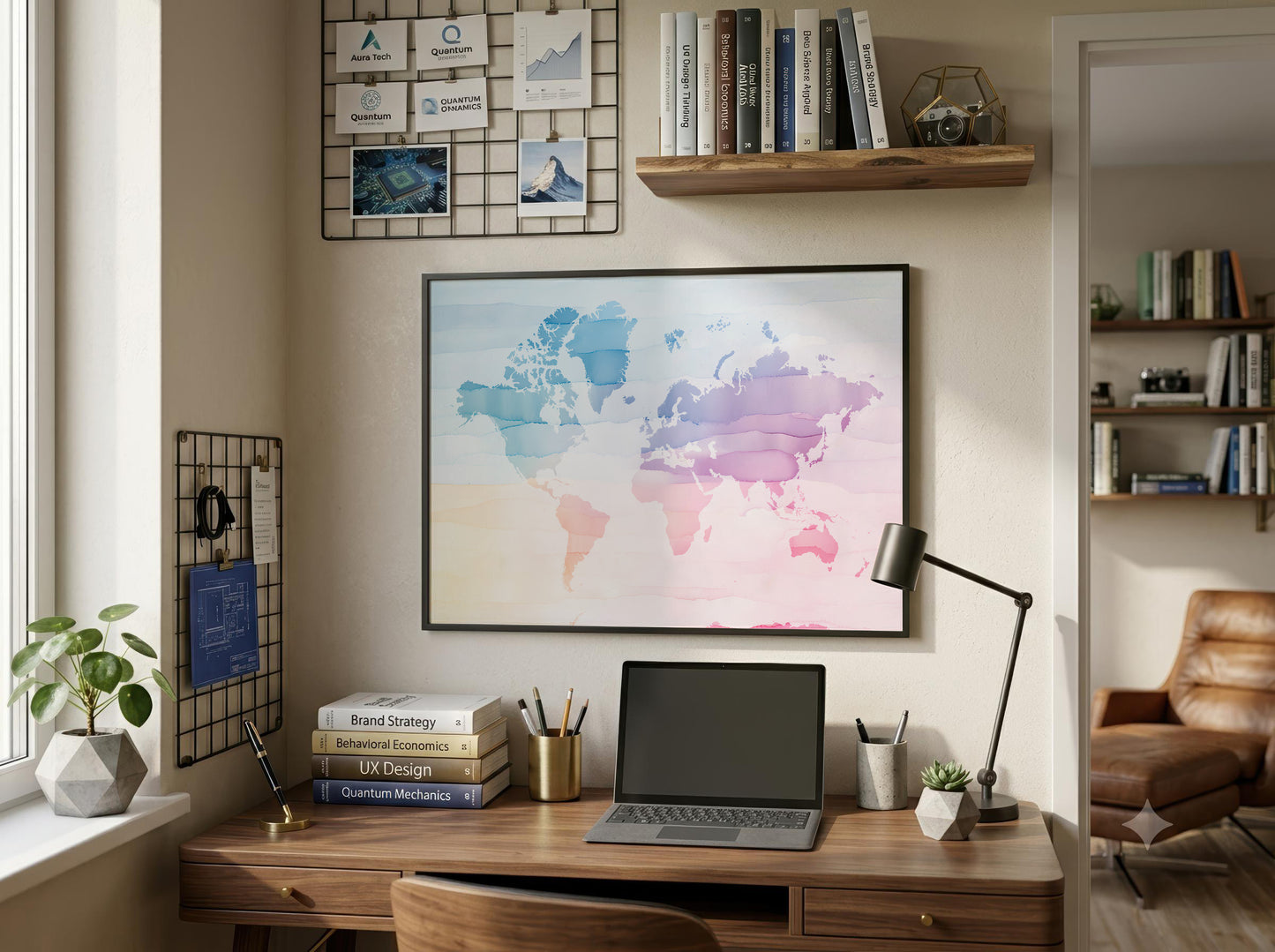 A framed world map poster with a watercolor design in shades of blue, purple, and pink, displayed on a beige wall above a wooden desk in a styled home office setting.