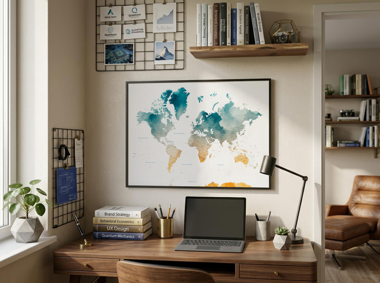 A framed world map poster with a teal and gold watercolor design hangs on a beige wall above a wooden desk with a laptop, lamp, and books in a styled home office setting.