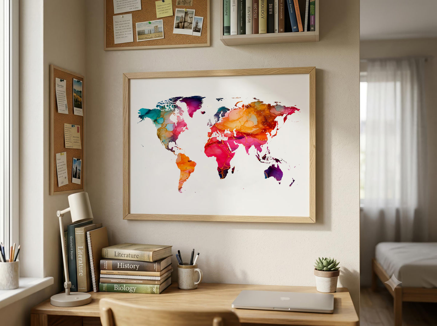 A framed watercolor world map print hangs on a beige wall above a wooden desk in a styled home office. The print features vibrant, multicolored watercolor continents on a white background, enclosed in a light wood frame.