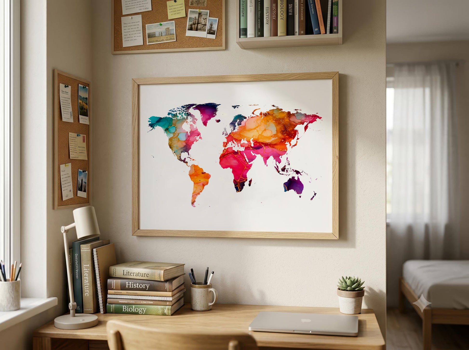 A framed watercolor world map print hangs on a beige wall above a wooden desk in a styled home office. The print features vibrant, multicolored watercolor continents on a white background, enclosed in a light wood frame.