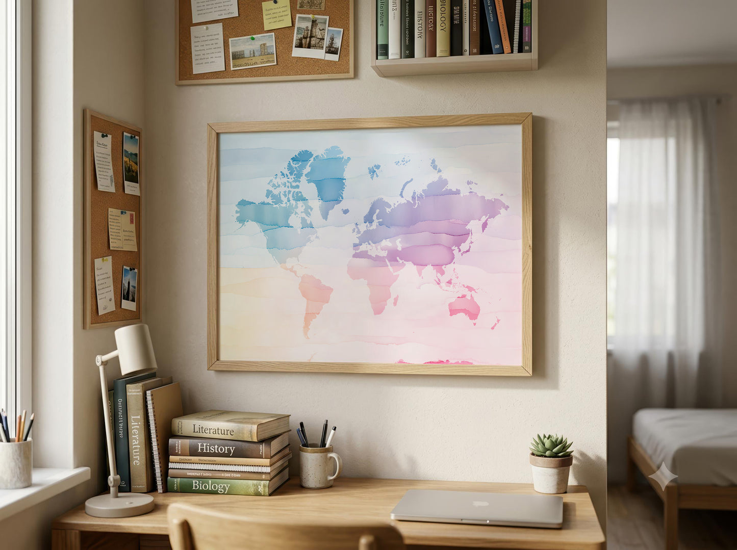 A framed world map poster with a pastel watercolor design in shades of blue, purple, and pink, hanging on a beige wall in a modern, sunlit home office or bedroom setting.