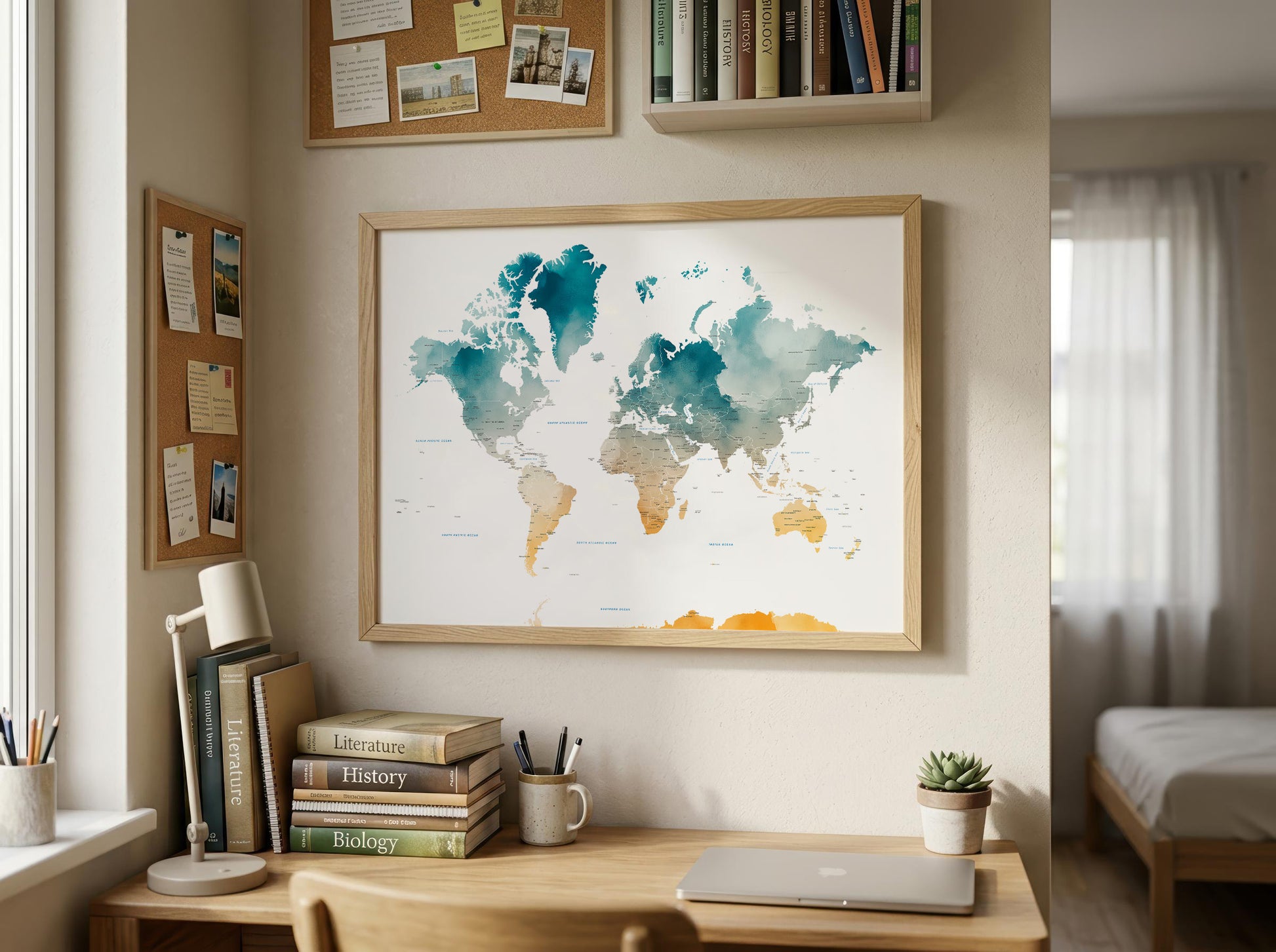 A framed world map poster with a watercolor design hangs on a beige wall in a styled home office or bedroom setting. The room features a wooden desk with books, a lamp, a laptop, and a small succulent, with a window and bed visible in the background.