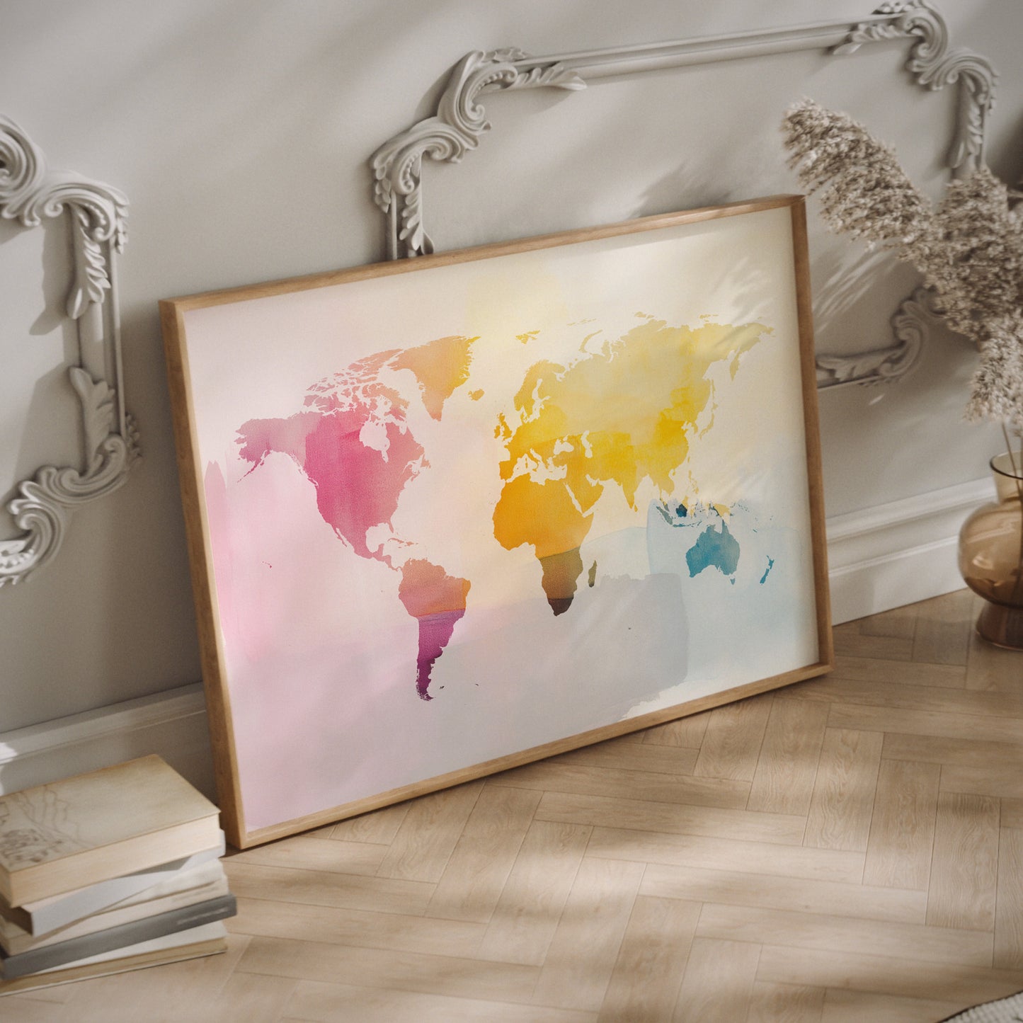 Framed colorful world map on a wall with decorative elements.