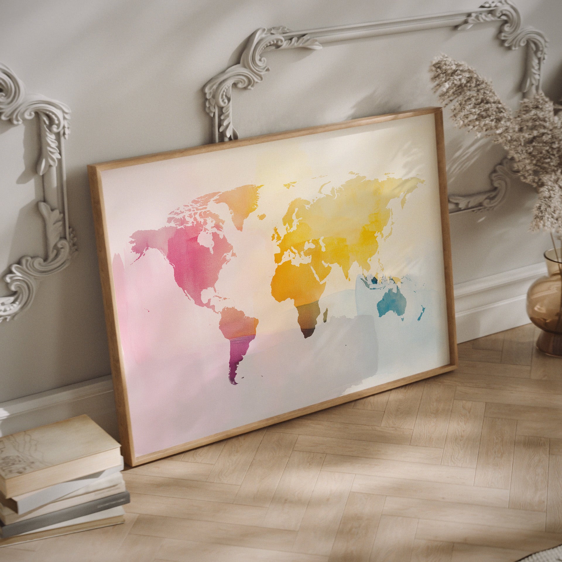 Framed colorful world map on a wall with decorative elements.