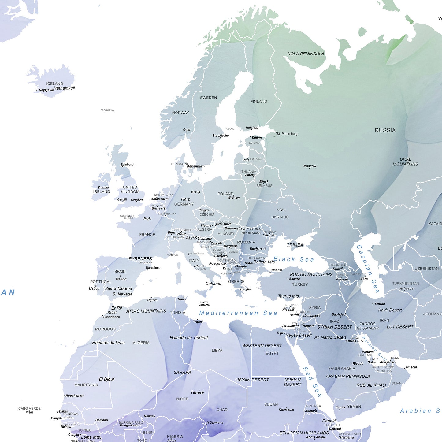 A stylized world map poster showing Europe, Africa, and parts of Asia in soft pastel shades of blue, gray, and green, with country names and major seas labeled.