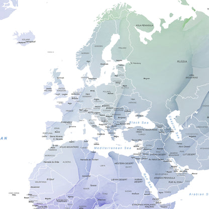 A stylized world map poster showing Europe, Africa, and parts of Asia in soft pastel shades of blue, gray, and green, with country names and major seas labeled.