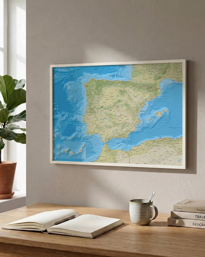 A framed world map print featuring Spain and surrounding Europe, displayed on a beige wall above a wooden desk with an open notebook, mug, and books.