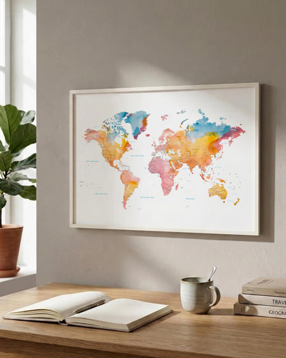 A framed watercolor world map print hangs on a beige wall above a wooden desk with an open book, a mug, and stacked books. A potted plant is visible at the left edge.