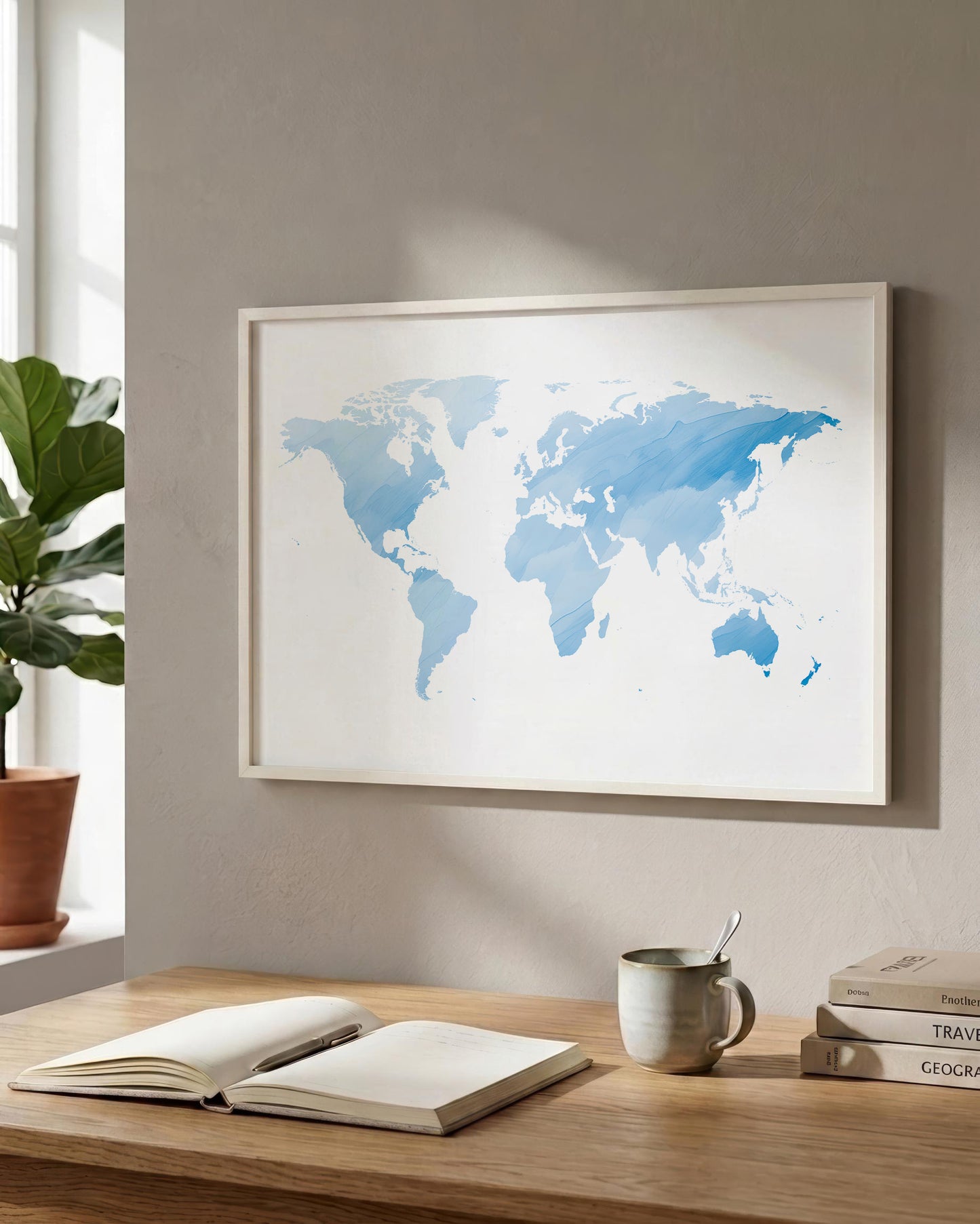 A framed world map art print in shades of blue on a white background, hanging on a beige wall above a wooden desk with an open book, a mug, and stacked books.