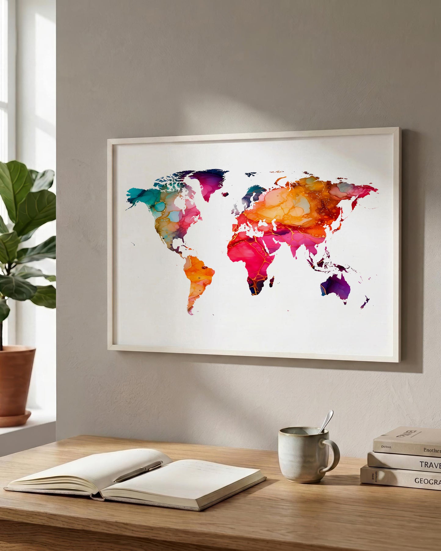 A framed world map watercolor print hangs on a beige wall above a wooden desk with an open book, a mug, and stacked books. A potted plant is visible at the left edge.