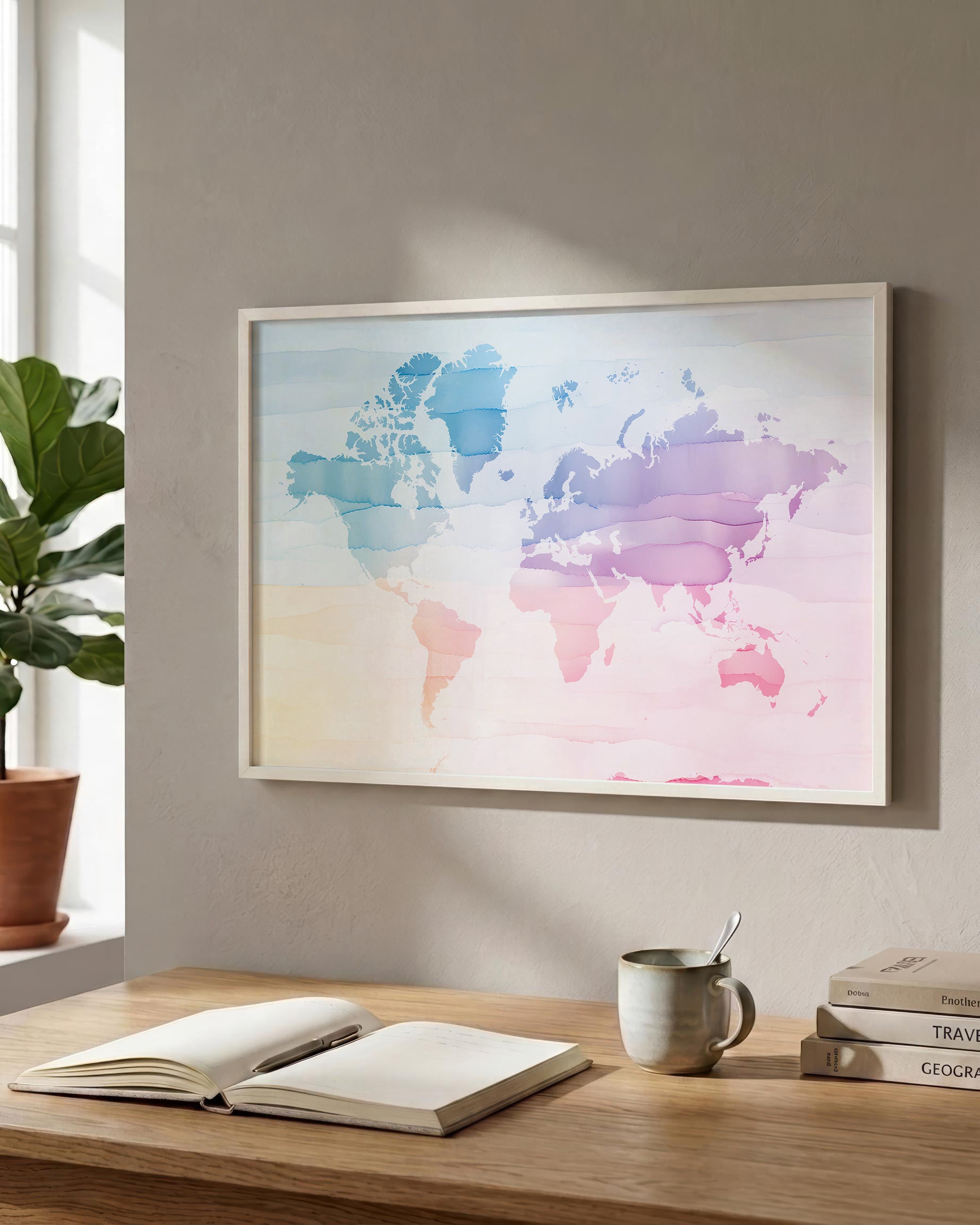 A framed world map poster with a pastel watercolor design hangs on a beige wall above a wooden desk with an open notebook, a mug, and stacked books.