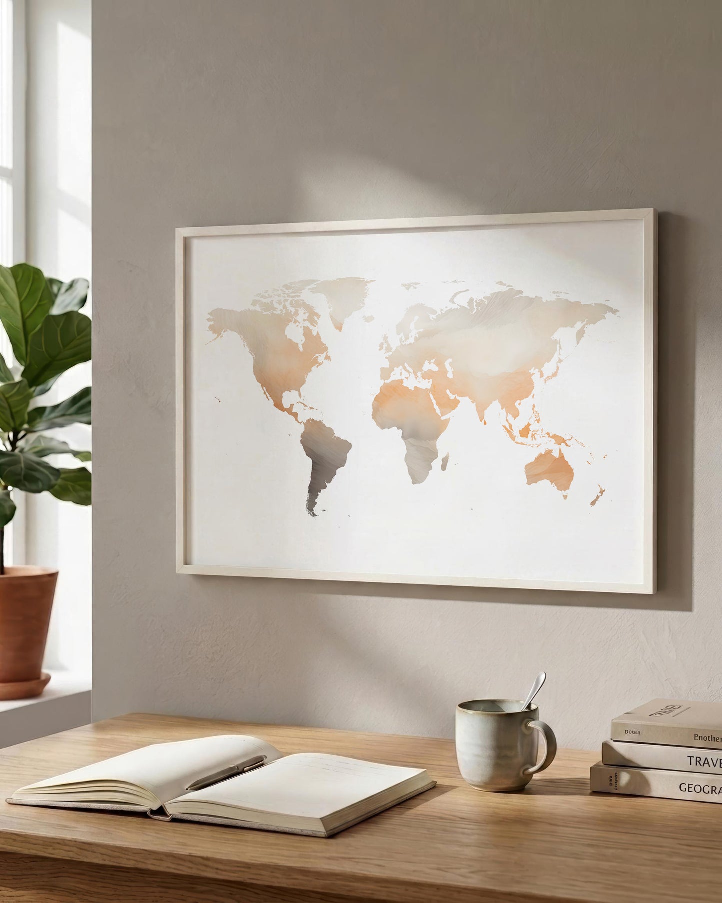 A framed world map print hangs on a beige wall above a wooden desk with an open book, a mug, and stacked books. A potted plant is visible at the left edge.