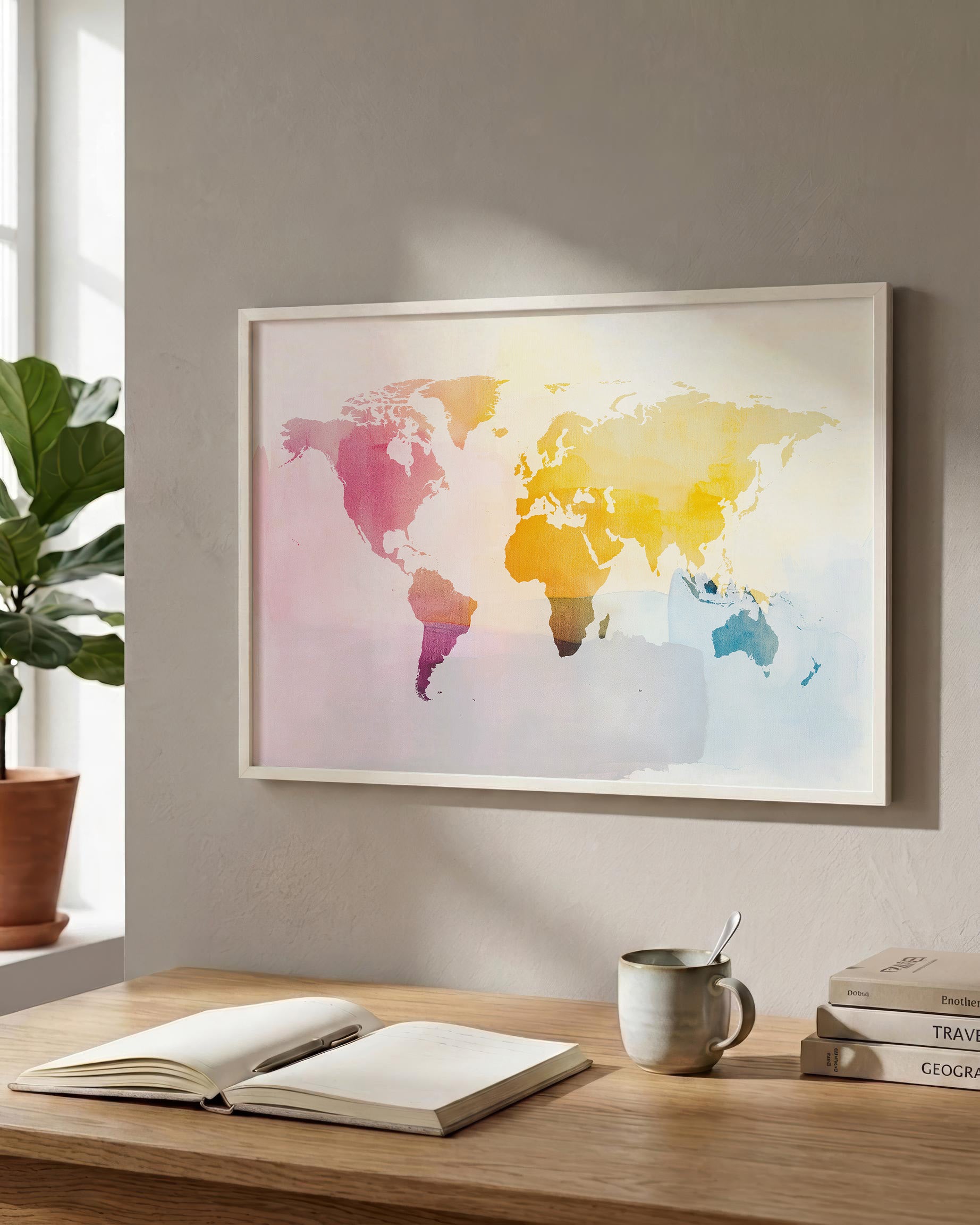 A framed world map poster with a colorful watercolor design hangs on a light gray wall above a wooden desk with an open book, a mug, and stacked books.
