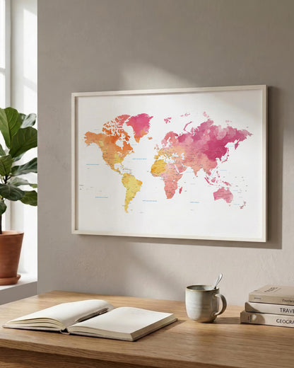 A framed world map poster with watercolor-style continents in pink, orange, yellow, and red tones, displayed on a beige wall above a wooden desk with an open book, mug, and stacked books.