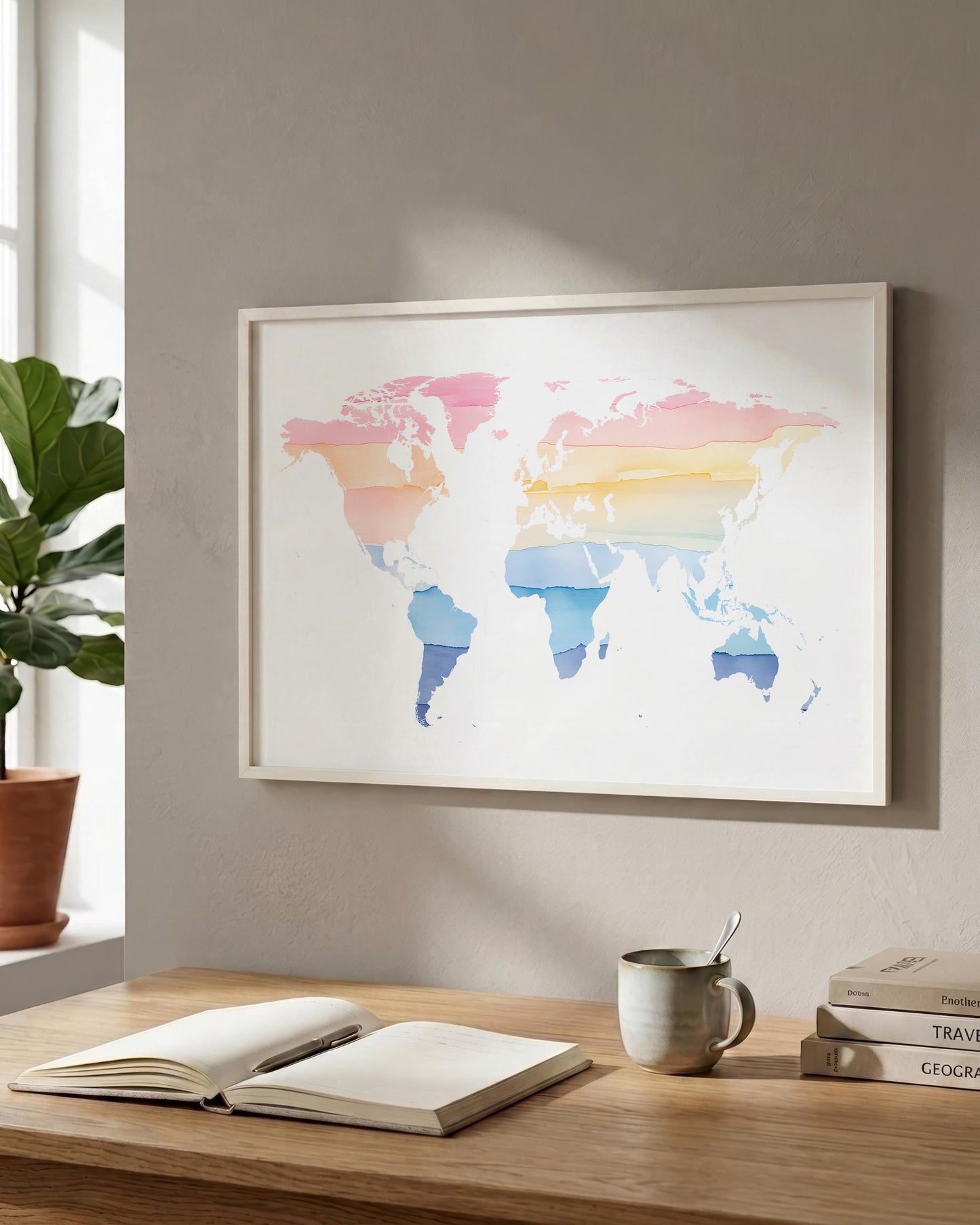 A framed world map poster with pastel watercolor continents hangs on a light gray wall above a wooden desk with an open book, a mug, and stacked books. A potted plant is visible at the window on the left.