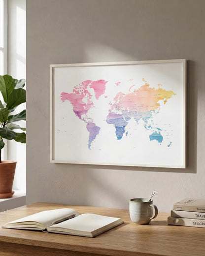A framed world map poster with a colorful watercolor design hangs on a light gray wall above a wooden desk with an open book, a mug, and stacked books. A potted plant is visible on the left side of the scene.