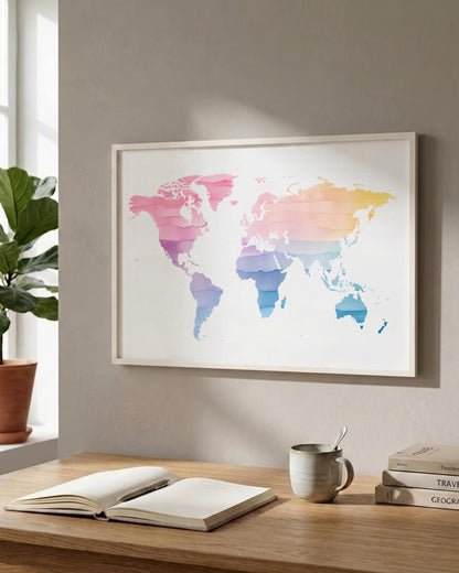 A framed world map poster with a colorful watercolor design hangs on a light gray wall above a wooden desk with an open book, a mug, and stacked books. A potted plant is visible on the left side of the scene.