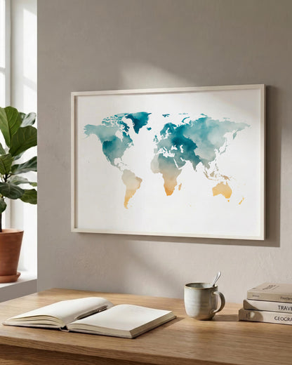A framed world map watercolor print in teal, blue, and gold tones hanging on a beige wall above a wooden desk with an open book, mug, and stacked books.