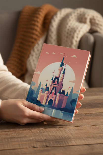 A person holds a hardcover notebook with a pastel illustration of a fairytale castle on the cover, set against a cozy living room background with a wooden table and soft blankets.