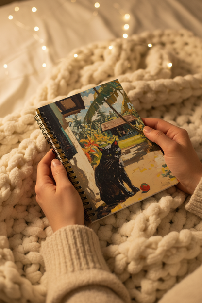 A person holds a spiral-bound notebook with a colorful illustration of a black cat in a tropical outdoor scene, resting on a chunky cream knit blanket with warm fairy lights in the background.