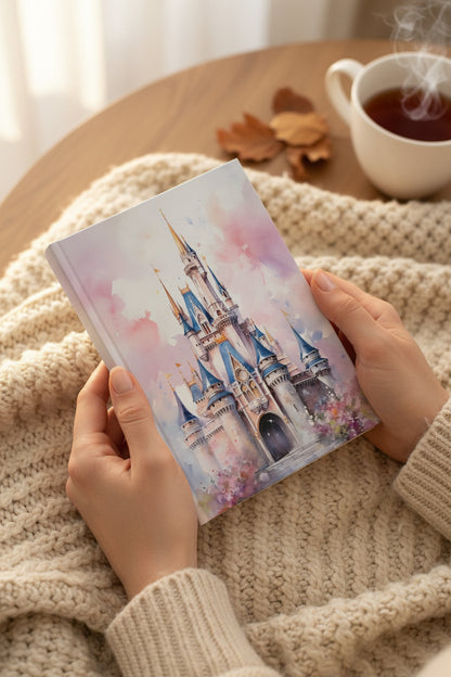 A person holds a notebook featuring a pastel watercolor illustration of a castle, resting on a cozy beige knit blanket on a wooden table with a cup of tea nearby.