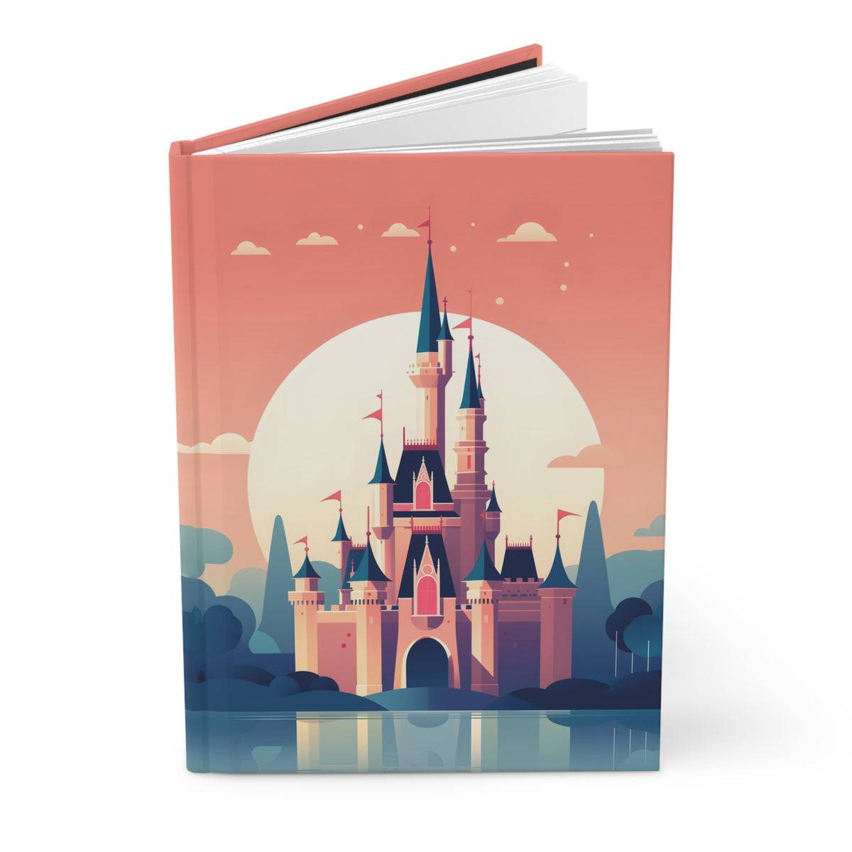 A hardcover notebook or journal standing upright, featuring a colorful illustration of a castle in front of a large sun on the cover. The cover has a coral-pink top border and a blue lower border, with the illustration showing a pink castle, blue sky, and a large pale yellow sun.