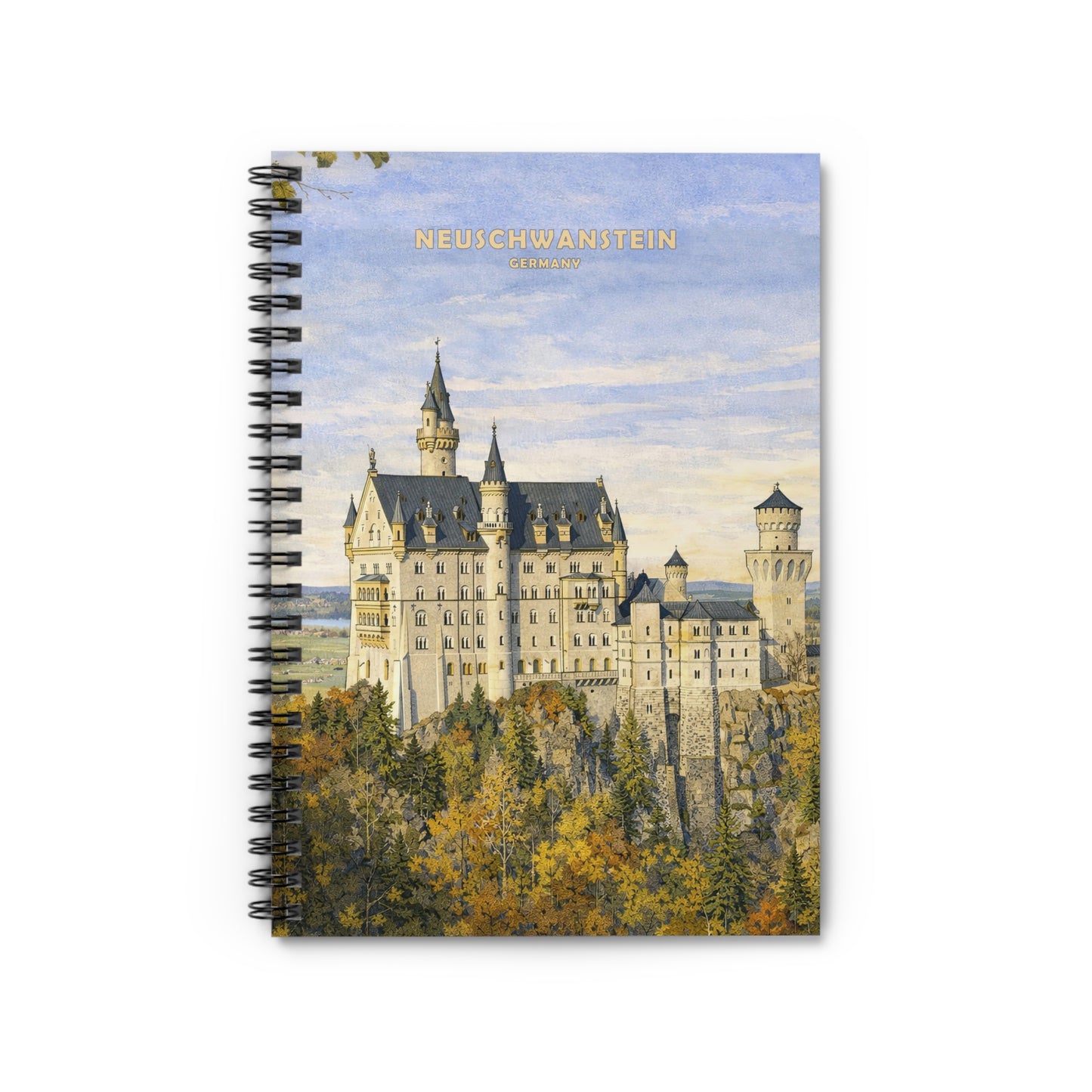 Notebook with Neuschwanstein Castle illustration on a white background