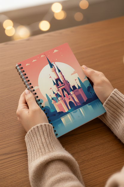 A person holds a spiral-bound notebook with a colorful illustration of a castle in front of a large moon, set on a wooden table with warm bokeh lights in the background.