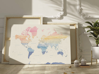 World Map print in watercolors | Different sizes and canvas - The Hue Map