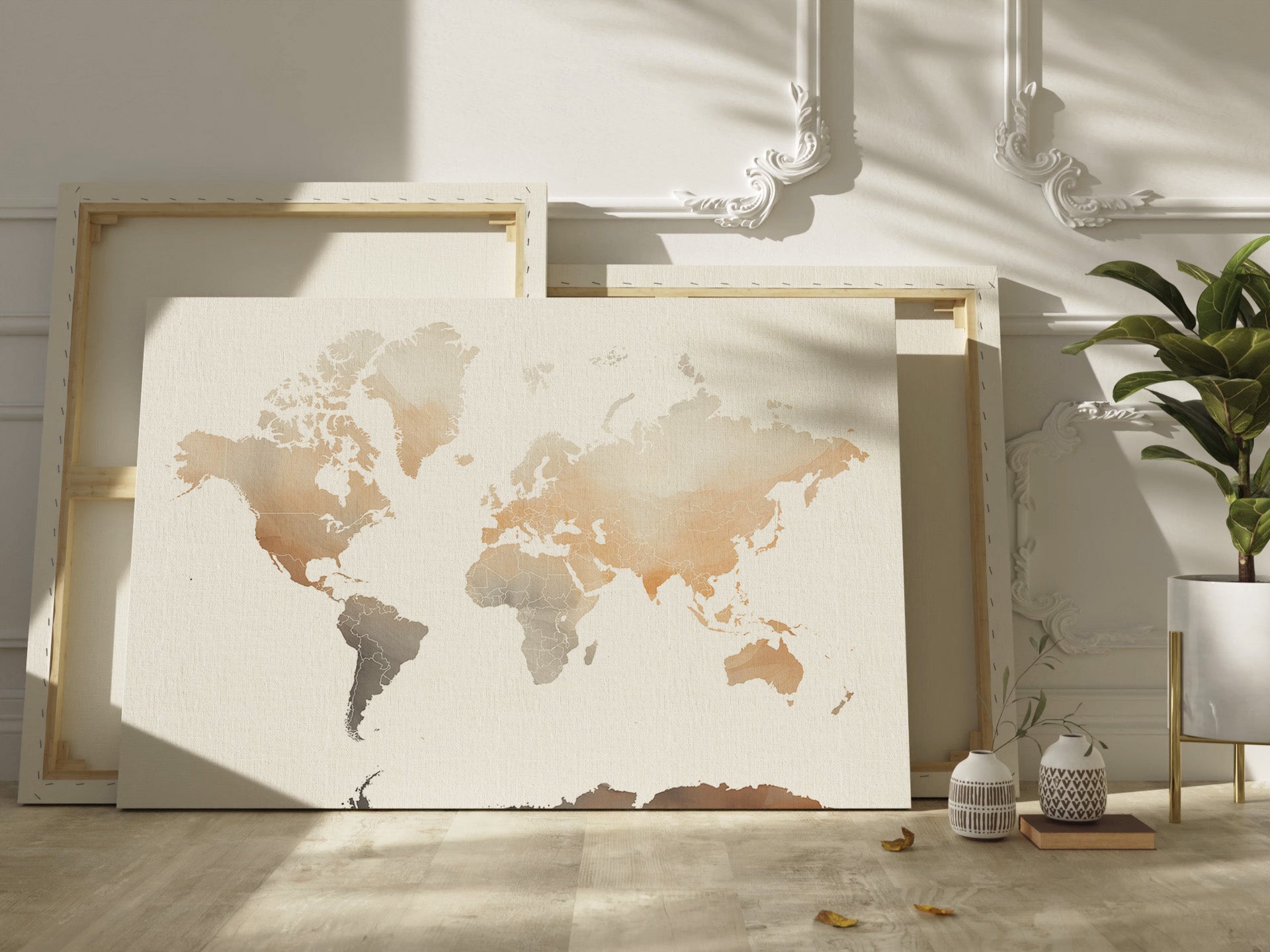 World Map Print in Earth tones | Different sizes and canvas - The Hue Map