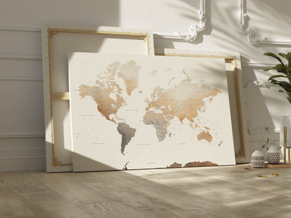 World Map Print in Earth tones | Different sizes and canvas - The Hue Map