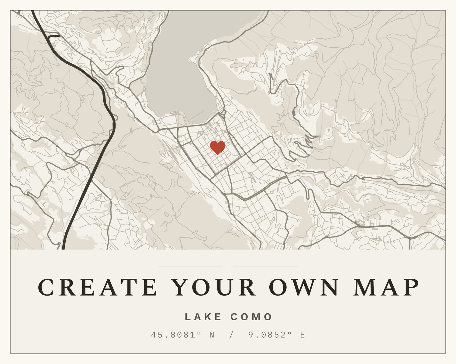 Map of Lake Como with a red heart symbol, text 'Create Your Own Map', and coordinates.