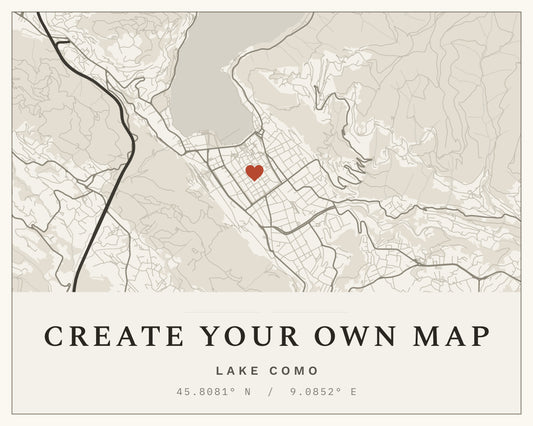 Map of Lake Como with a red heart symbol, text 'Create Your Own Map', and coordinates.