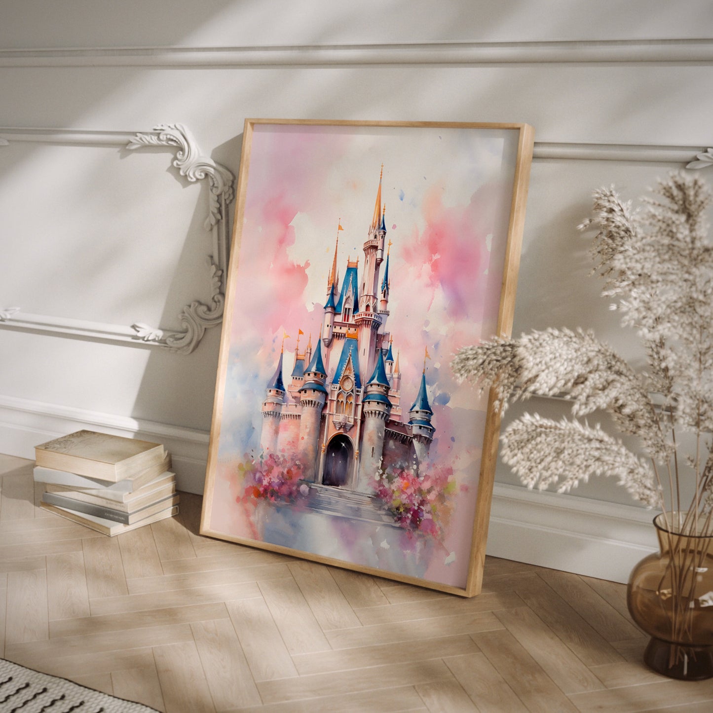 Watercolor Disney castle print in a wood frame.