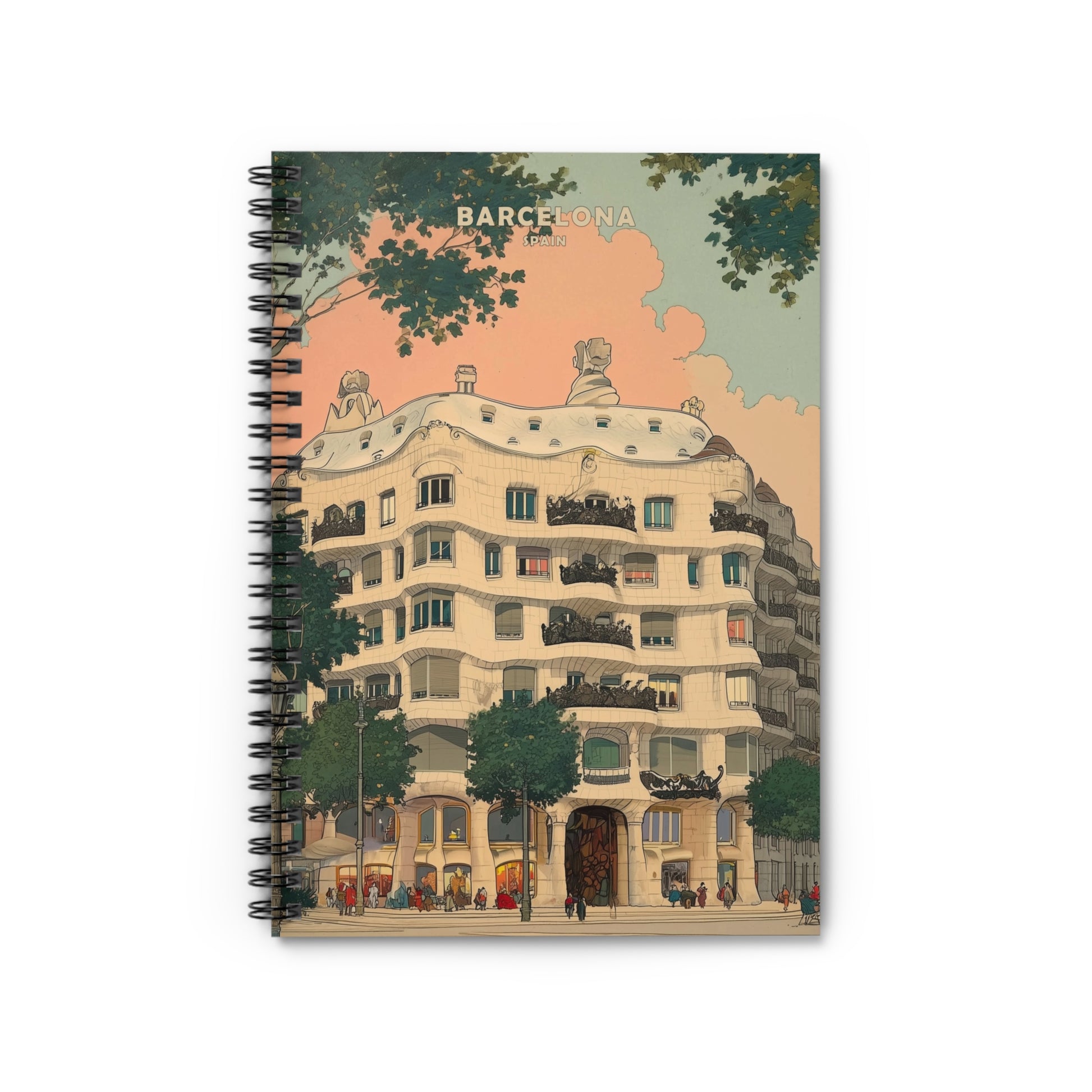 Notebook with a colorful illustration of a building in Barcelona on the cover