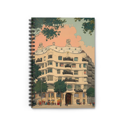 Notebook with a colorful illustration of a building in Barcelona on the cover