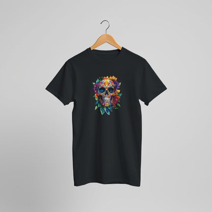 A black short-sleeve t-shirt hanging on a wooden hanger against a light gray background. The shirt features a colorful graphic of a sugar skull decorated with flowers and leaves on the center chest.