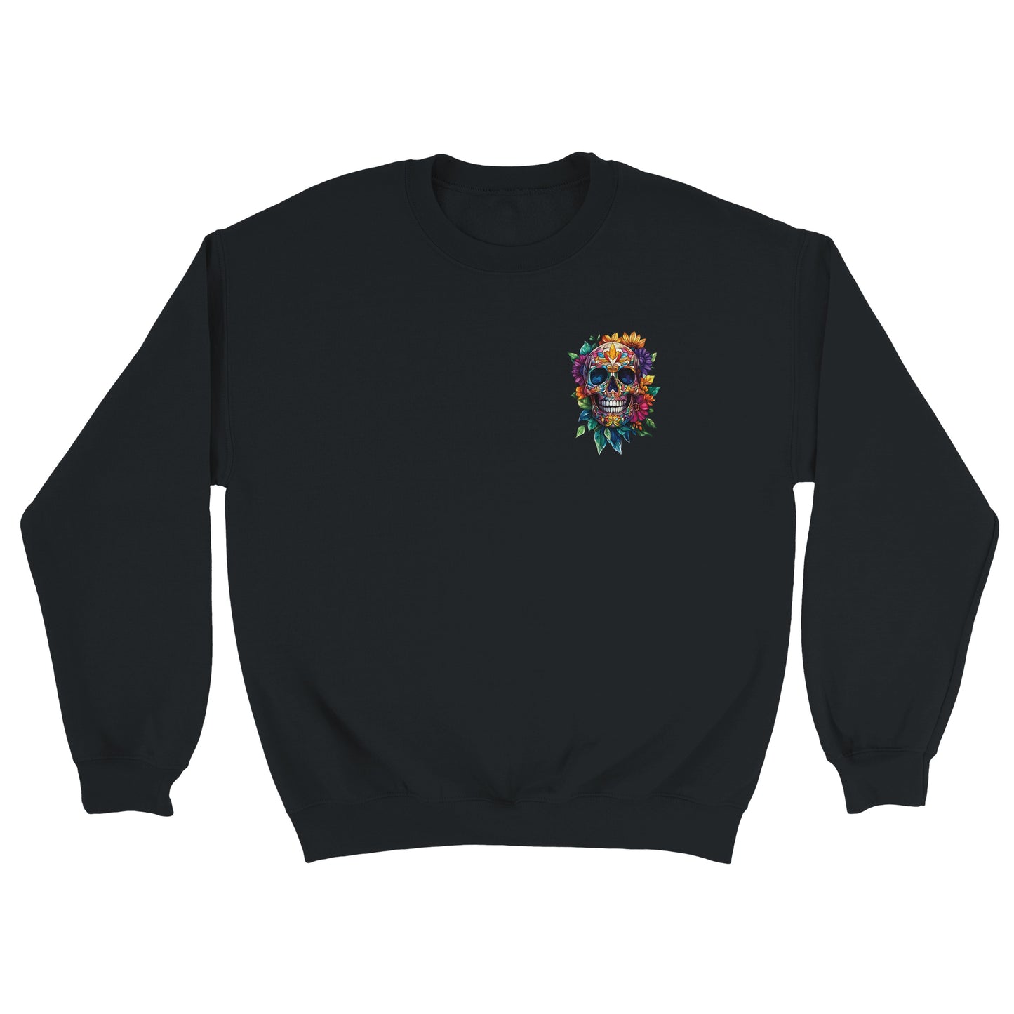 A black crewneck sweatshirt featuring a colorful sugar skull graphic on the left chest, displayed against a solid white background.