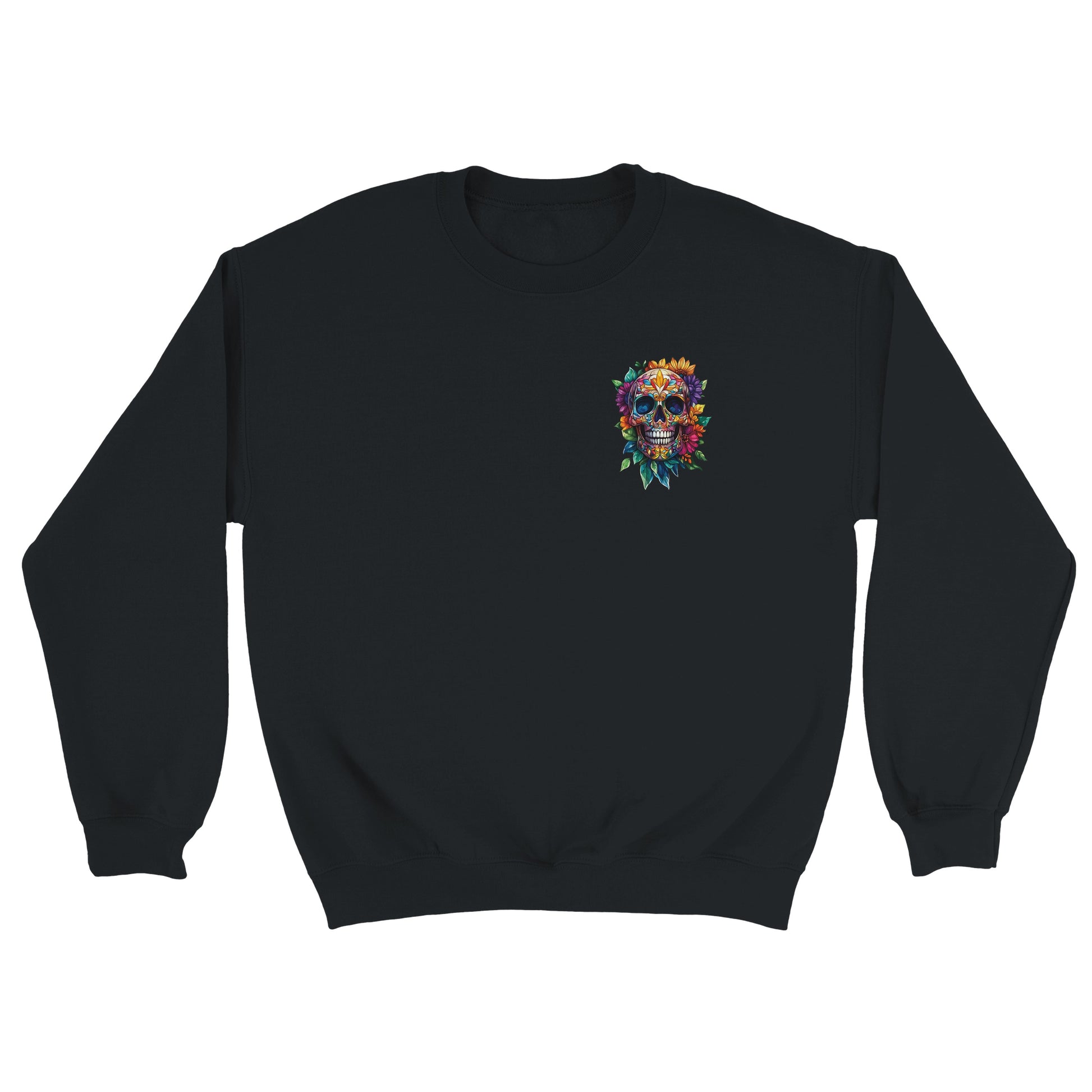 A black crewneck sweatshirt featuring a colorful sugar skull graphic on the left chest, displayed against a solid white background.