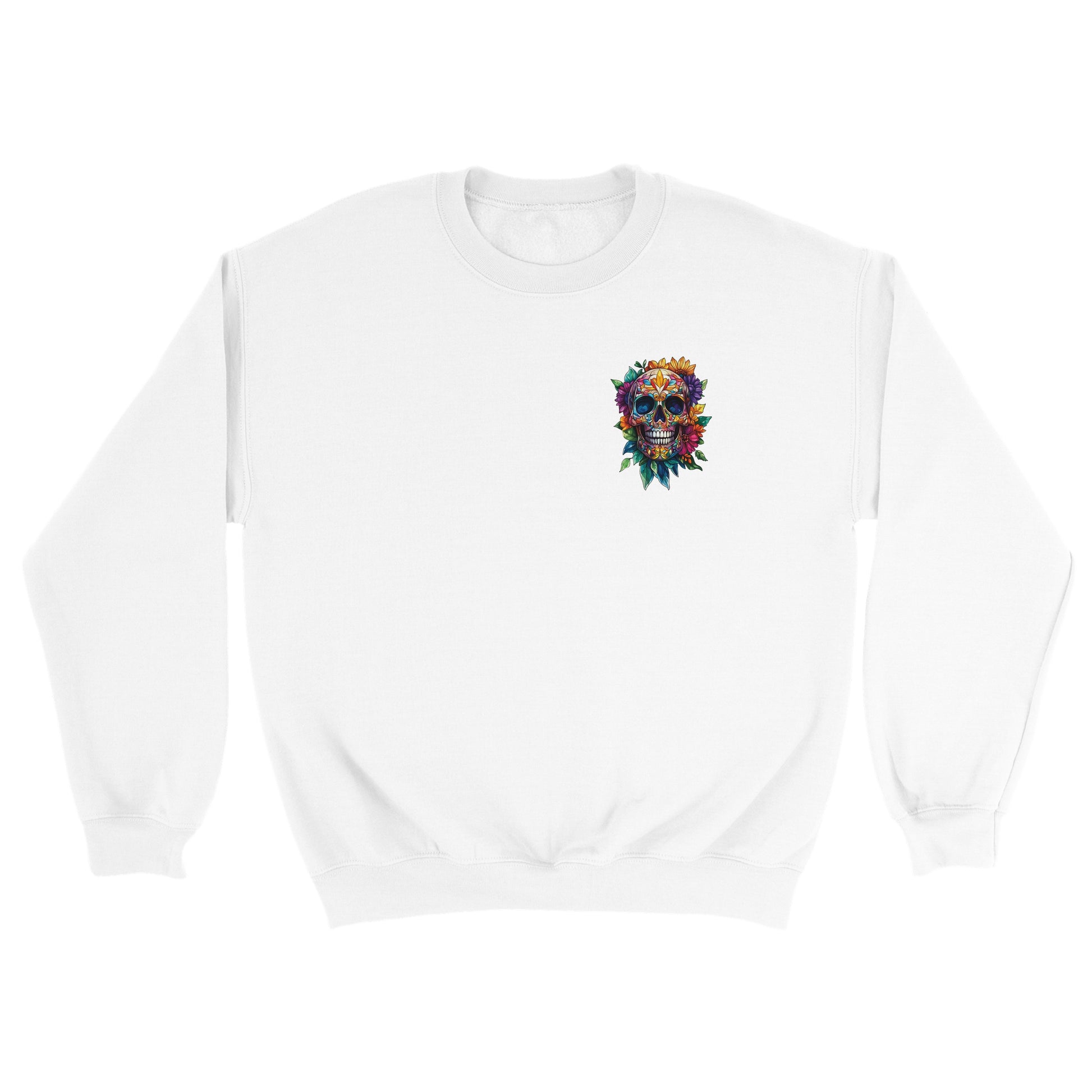 A white crewneck sweatshirt featuring a colorful sugar skull graphic on the left chest, displayed against a solid white background.