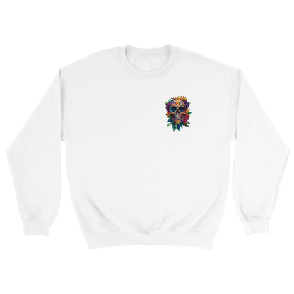 A white crewneck sweatshirt featuring a colorful sugar skull graphic on the left chest, displayed against a solid white background.