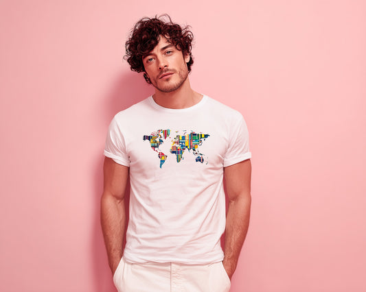 Man wearing a white t-shirt with a colorful world map design on a pink background