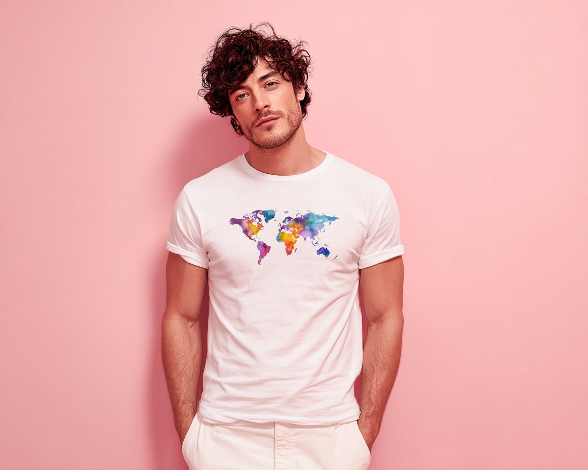Man wearing a t-shirt with a world map design on a pink background